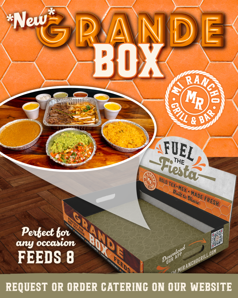 Original Grande Box promotion with fajitas, sides and an illustration of the branded packaging