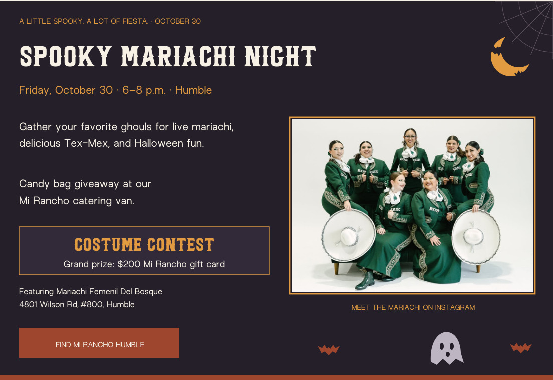 Spooky Mariachi Night · Humble · Friday October 30, 6–8 PM · Mariachi Femenil Del Bosque